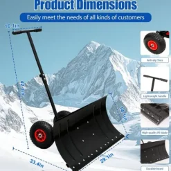30" Metall Snöskyffel med 15" Höjd & 2 Hjul, Justerbart Vinkel- och Höjdhandtag för Enkel Snöröjning, Ergonomisk Dubbelrörsdesign