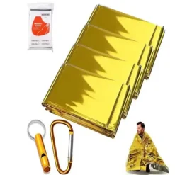 4 st värmefiltar skyddar mot kyla, regn, värme och vind, 210 x 160 cm med karbinhake och visselpipa i järn (guld/silver)