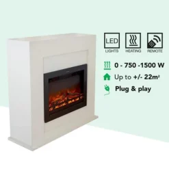 Adra EFL-MDW elektrisk spis - Vit MDF öppen spisram - 1500 Watt värme - fjärrkontroll