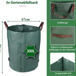 AJW-3-pack 300L trädgårdspåsar, hopfällbara och återanvändbara, stabila, UV-beständiga, grässäcksblad, trädgårdsavfall[1072]