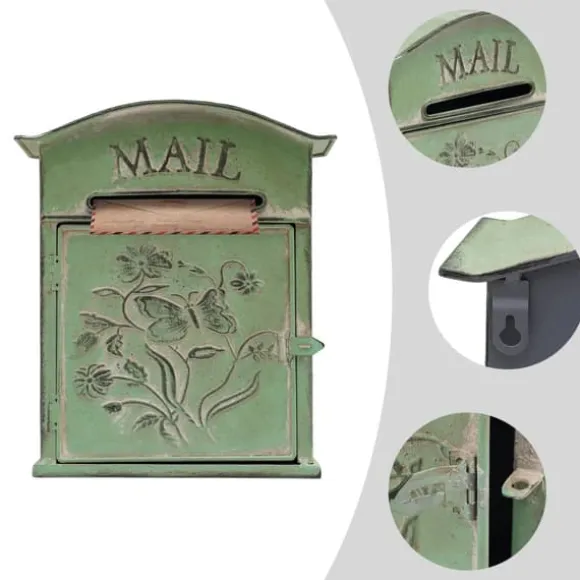 Antik brevlåda - Väggmonterad postlåda - Låsbar - Vintage rustik design - Dekorativ - För utomhus, hem och trädgård - Grön