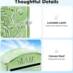 Antik brevlåda - Väggmonterad postlåda - Låsbar - Vintage rustik design - Dekorativ - För utomhus, hem och trädgård - Grön