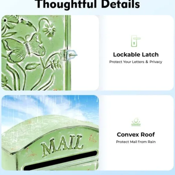 Antik brevlåda - Väggmonterad postlåda - Låsbar - Vintage rustik design - Dekorativ - För utomhus, hem och trädgård - Grön