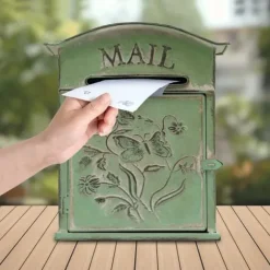 Antik brevlåda - Väggmonterad postlåda - Låsbar - Vintage rustik design - Dekorativ - För utomhus, hem och trädgård - Grön