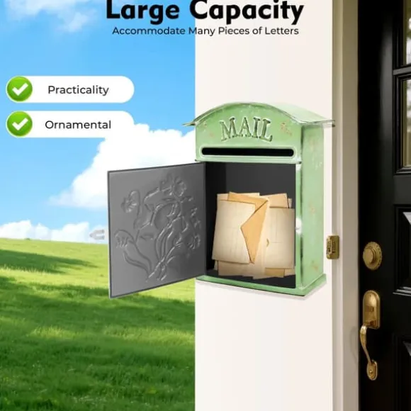 Antik brevlåda - Väggmonterad postlåda - Låsbar - Vintage rustik design - Dekorativ - För utomhus, hem och trädgård - Grön
