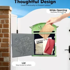 Antik brevlåda - Väggmonterad postlåda - Låsbar - Vintage rustik design - Dekorativ - För utomhus, hem och trädgård - Grön