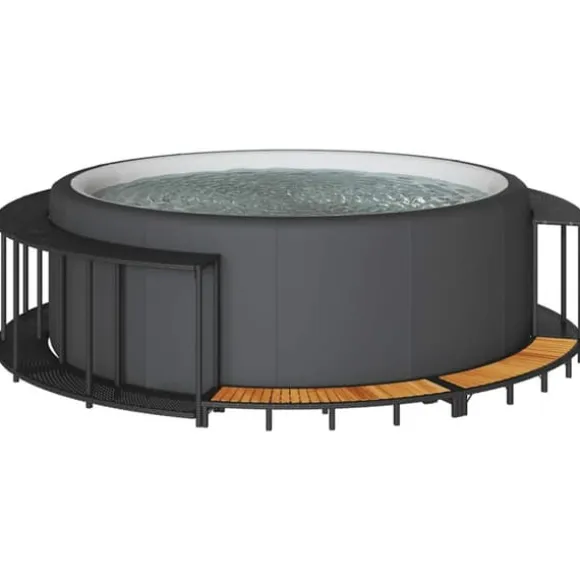 Badkarsram med förvaring och trappsteg i trä | Färg: Svart | Storlek: Anpassad för bärbara spa