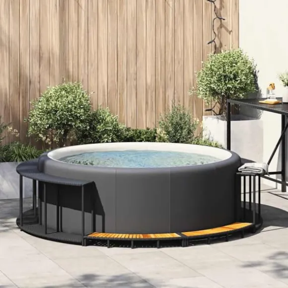 Badkarsram med förvaring och trappsteg i trä | Färg: Svart | Storlek: Anpassad för bärbara spa