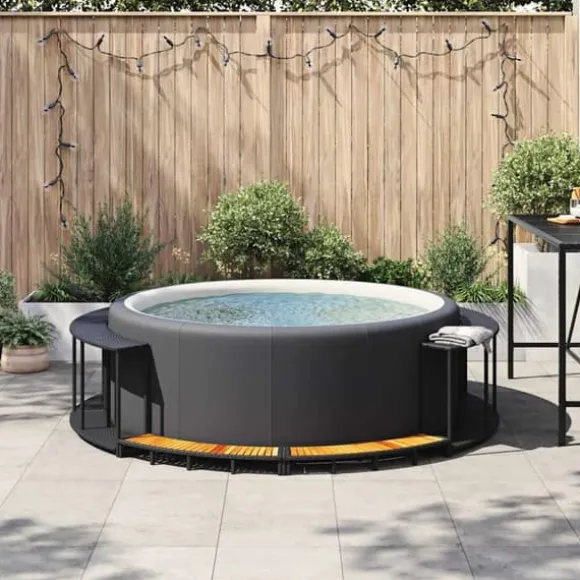 Badkarsram med förvaring och trappsteg i trä | Färg: Svart | Storlek: Anpassad för bärbara spa