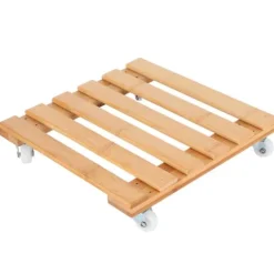 Bambu Flyttbar Krukväxt Blomhylla Förvaringsställ Bricka med Hjul för Utomhusträdgård