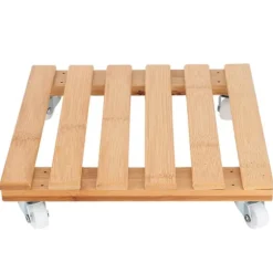 Bambu Flyttbar Krukväxt Blomhylla Förvaringsställ Bricka med Hjul för Utomhusträdgård