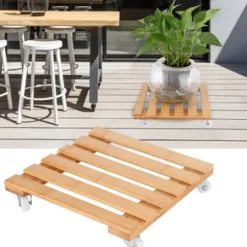 Bambu Flyttbar Krukväxt Blomhylla Förvaringsställ Bricka med Hjul för Utomhusträdgård