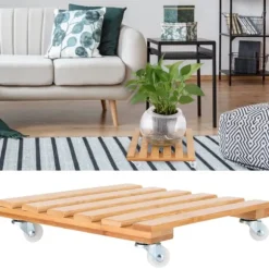 Bambu Flyttbar Krukväxt Blomhylla Förvaringsställ Bricka med Hjul för Utomhusträdgård