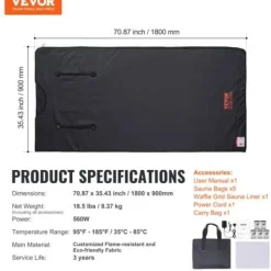 Bastu Filt, 180x80 cm, Justerbar Temperatur, Portabel, Avgiftning