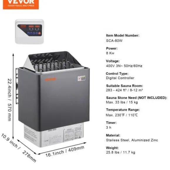 Bastuaggregat, 409x278x570 mm, Elektrisk, Inomhus/Utomhus, Digital styrning