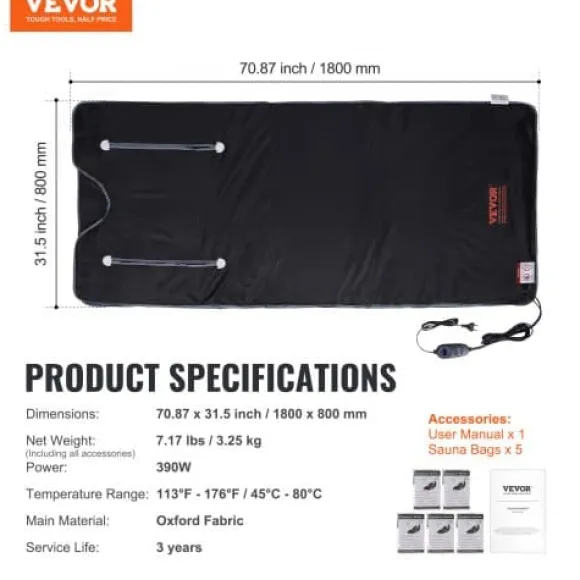 Bastu-filt Fjärrinfraröd Uppvärmning 180x79 cm, Armhål, Oxfordtyg