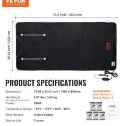 Bastu-filt Fjärrinfraröd Uppvärmning 190x89 cm, Armhål, Oxfordtyg