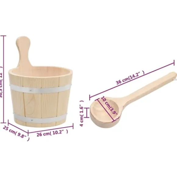 Bastuhink och slev i massiv furu - Praktiskt set för avkopplande bastuupplevelse | Färg: Trä | Storlek: Hink 5L, Slev 36 cm