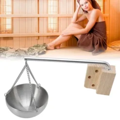 Bastukopp i rostfritt stål, hängande aromaterapioljakopp med träkloss för basturum, storlek 12 cm