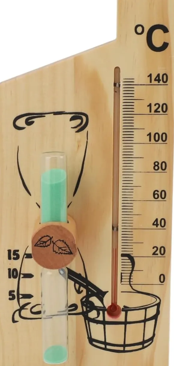 Bastutermometer, timglas, ångbadsbastutermometer och hygrometer, ljus träram, dubbelmätare, väggfäste, inomhusbruk, solid