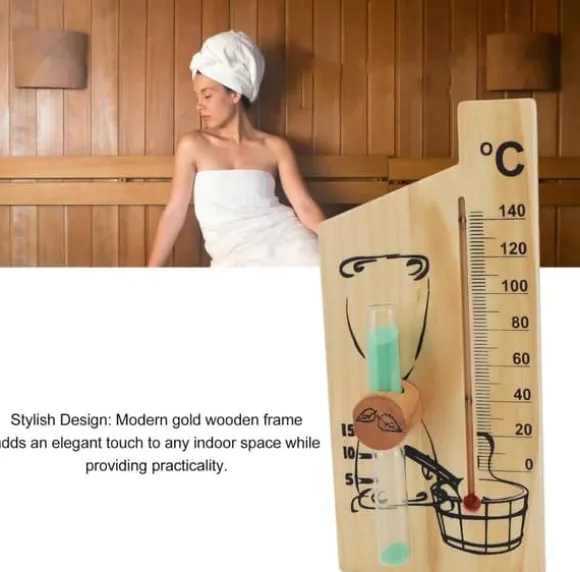 Bastutermometer, timglas, ångbadsbastutermometer och hygrometer, ljus träram, dubbelmätare, väggfäste, inomhusbruk, solid