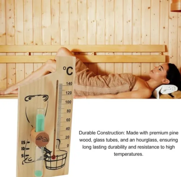 Bastutermometer, timglas, ångbadsbastutermometer och hygrometer, ljus träram, dubbelmätare, väggfäste, inomhusbruk, solid