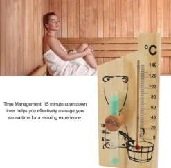 Bastutermometer, timglas, ångbadsbastutermometer och hygrometer, ljus träram, dubbelmätare, väggfäste, inomhusbruk, solid