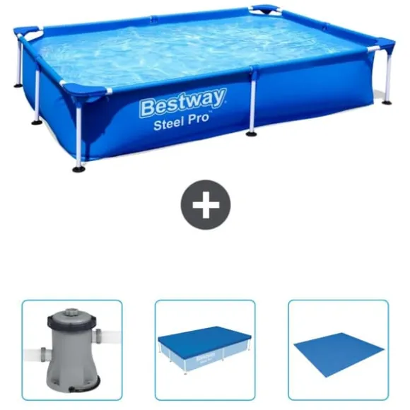 Bestway Rectangular Steel Pro Swimming Pool - 221 x 150 x 43 cm - Blå - Ingår Tillbehör CB40