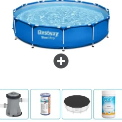 Bestway Round Steel Pro Swimming Pool - 366 x 76 cm - Blå - Inklusive Tillbehör - CB51