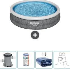 Bestway Round Uppblåsbar Fast Set Pool - Rottingtryck - 366 x 76 cm - Inklusive Tillbehör - CB59