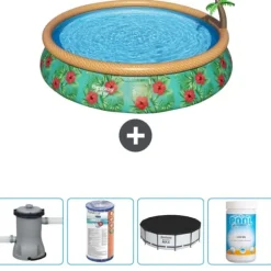 Bestway Round Uppblåsbar Fast Set Pool - Paradise Print - 457 x 84 cm - Inklusive Tillbehör - CB51