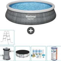 Bestway Round Uppblåsbar Fast Set Pool - Rottingtryck - 457 x 84 cm - Inklusive Tillbehör - CB14