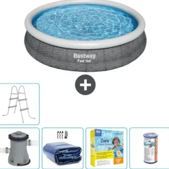 Bestway Round Uppblåsbar Fast Set Pool - Rottingtryck - 366 x 76 cm - Inklusive Tillbehör - CB19