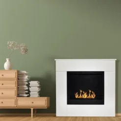 Biobränsle kamin i trä inramad med vit jord 96x35x90h Michelangelo.