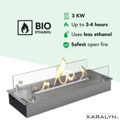 Bioetanolbrännare L (5820LS) med inbyggd läpp - Borstat rostfritt stål - bioetanol inbyggd spis med patenterad keramisk sten - 3 KW värme