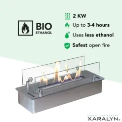 Bioetanolbrännare S (4114LS) med inbyggd läpp - Borstat rostfritt stål - bioetanol inbyggd spis med patenterad keramisk sten - 2 KW värme