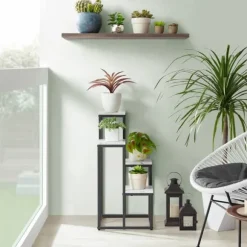 Blomkrukaställ med 4 hyllor - marmor / svarta ben