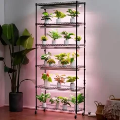 Blomsterställ, 6-nivåhylla med växtlampa, 75x35x180 cm, Svart, Stål