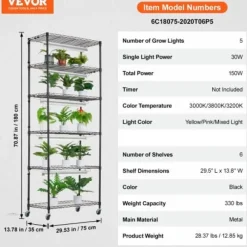 Blomsterställ, 6-nivåhylla med växtlampa, 75x35x180 cm, Svart, Stål