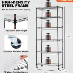 Blomsterställ, 6-nivåhylla med växtlampa, 75x35x180 cm, Svart, Stål