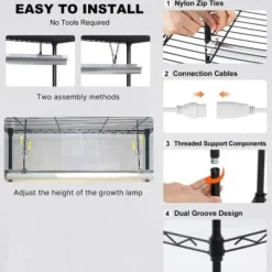 Blomsterställ, 6-nivåhylla med växtlampa, 75x35x180 cm, Svart, Stål