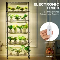 Blomsterställ, 6-nivåhylla med växtlampa, 75x35x180 cm, Svart, Stål