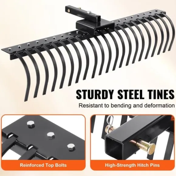 Bogsering bakom landskapskratta 60, Dethatcher-raka med 21 stålpinnar, effektiv borttagning av mossa, ergonomisk design