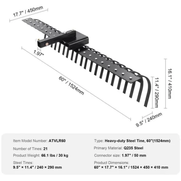 Bogsering bakom landskapskratta 60, Dethatcher-raka med 21 stålpinnar, effektiv borttagning av mossa, ergonomisk design