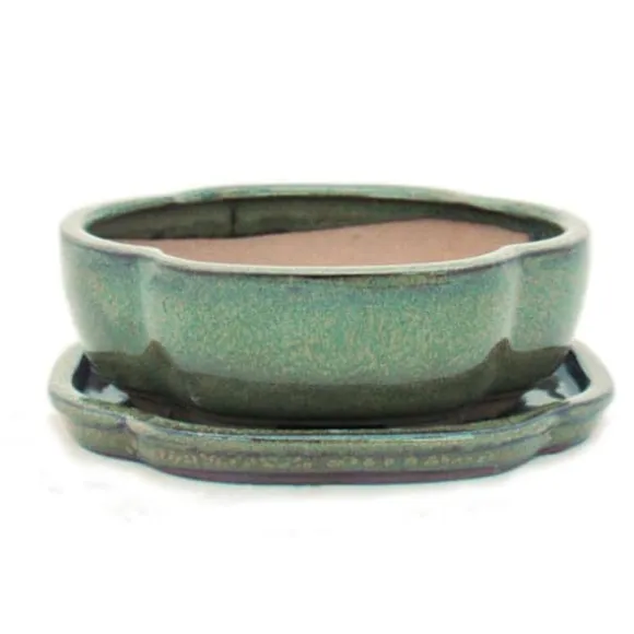 bonsai skål med fat storlek 2 - olivbrun - haitang/oval - modell i5 - l 14,5 cm - b 12,5 cm - h 5 cm