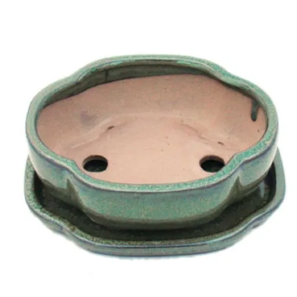 bonsai skål med fat storlek 2 - olivbrun - haitang/oval - modell i5 - l 14,5 cm - b 12,5 cm - h 5 cm