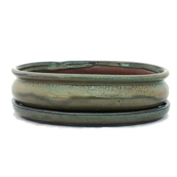 bonsai skål med fat storlek 3 - olivbrun - oval - modell o47 - l 19cm - b 13,5cm - h 5cm
