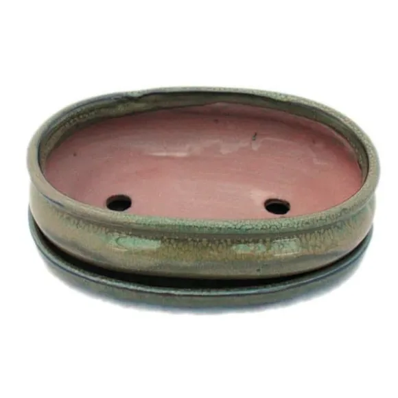 bonsai skål med fat storlek 3 - olivbrun - oval - modell o47 - l 19cm - b 13,5cm - h 5cm