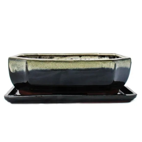 bonsai skål med fat storlek 4 - specialglasyr med ädel färggradienteffekt - rektangulär g117 - svart-vit - l