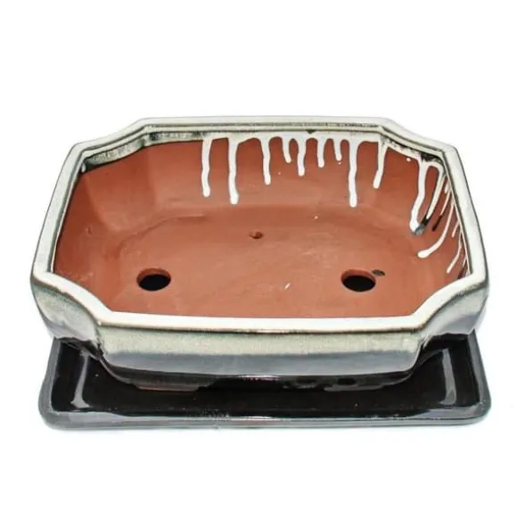 bonsai skål med fat storlek 4 - specialglasyr med ädel färggradienteffekt - rektangulär g117 - svart-vit - l